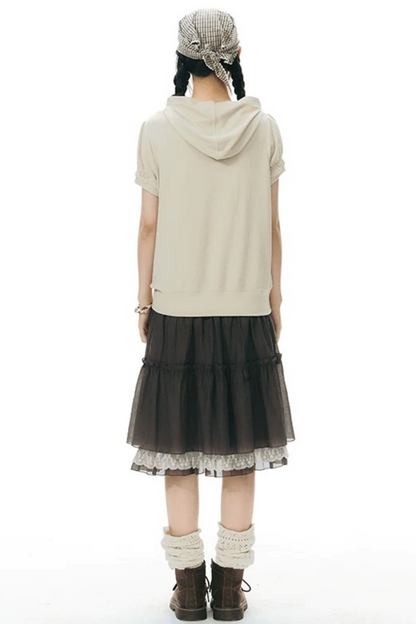 Printed Hooded Oatmeal Short-Sleeve Sweatshirt