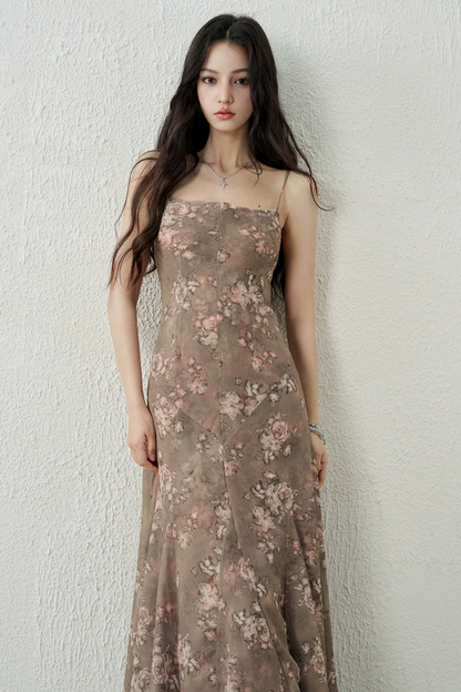 Chic Brown Floral Strap Dress