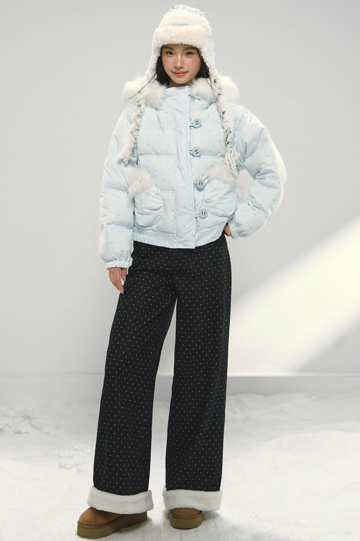 Dark Blue Polka Dot Patchwork Wide-Leg Jeans