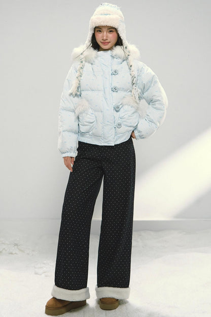 Dark Blue Polka Dot Patchwork Wide-Leg Jeans