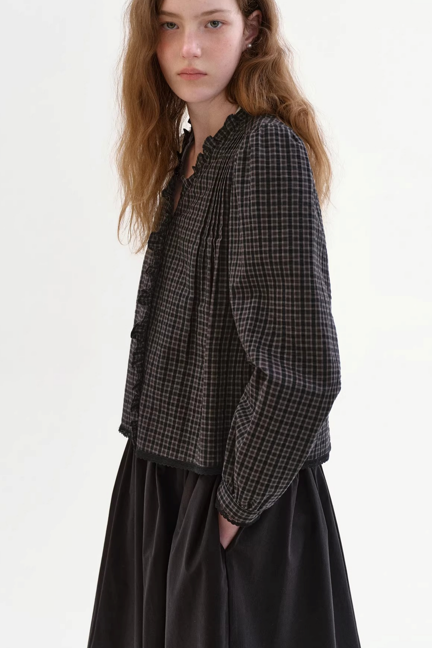 레트로 레이스 체크 블라우스