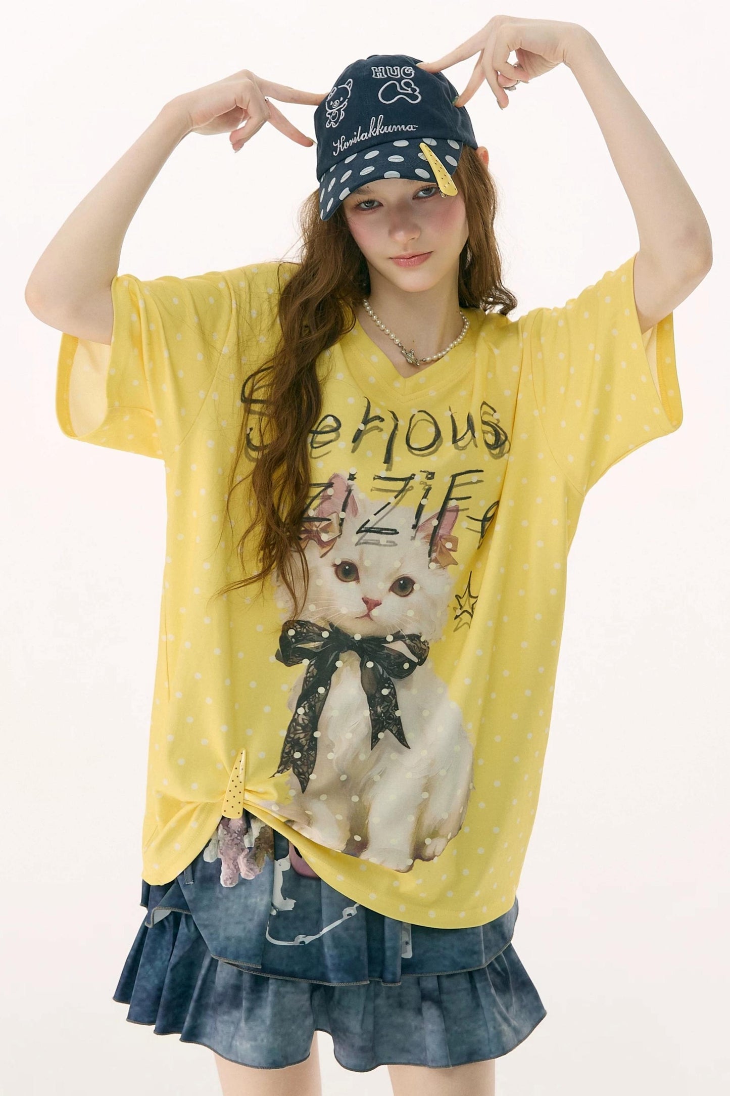 Yellow Cat Print Polka Dot T-Shirt