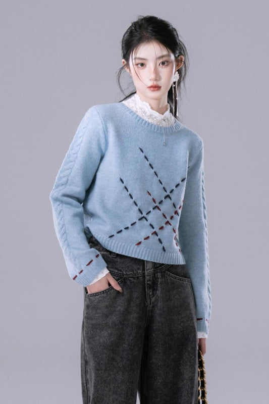 Sky Blue Contrasting Hand-Stitched Jumper