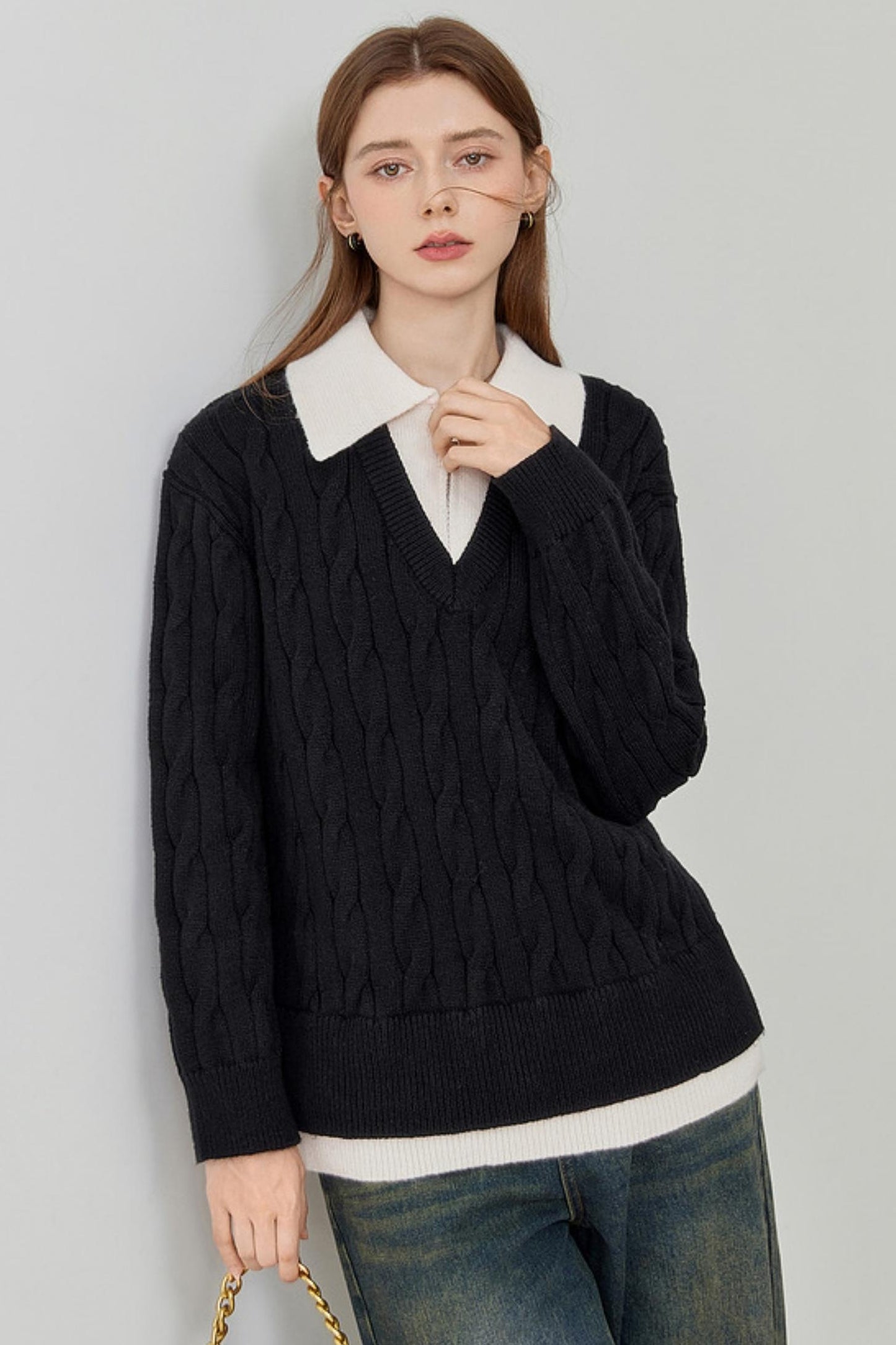 MEETLADY old money style classic cable fake two-piece splicing sweater women's 2024 winter new high-quality knitwear