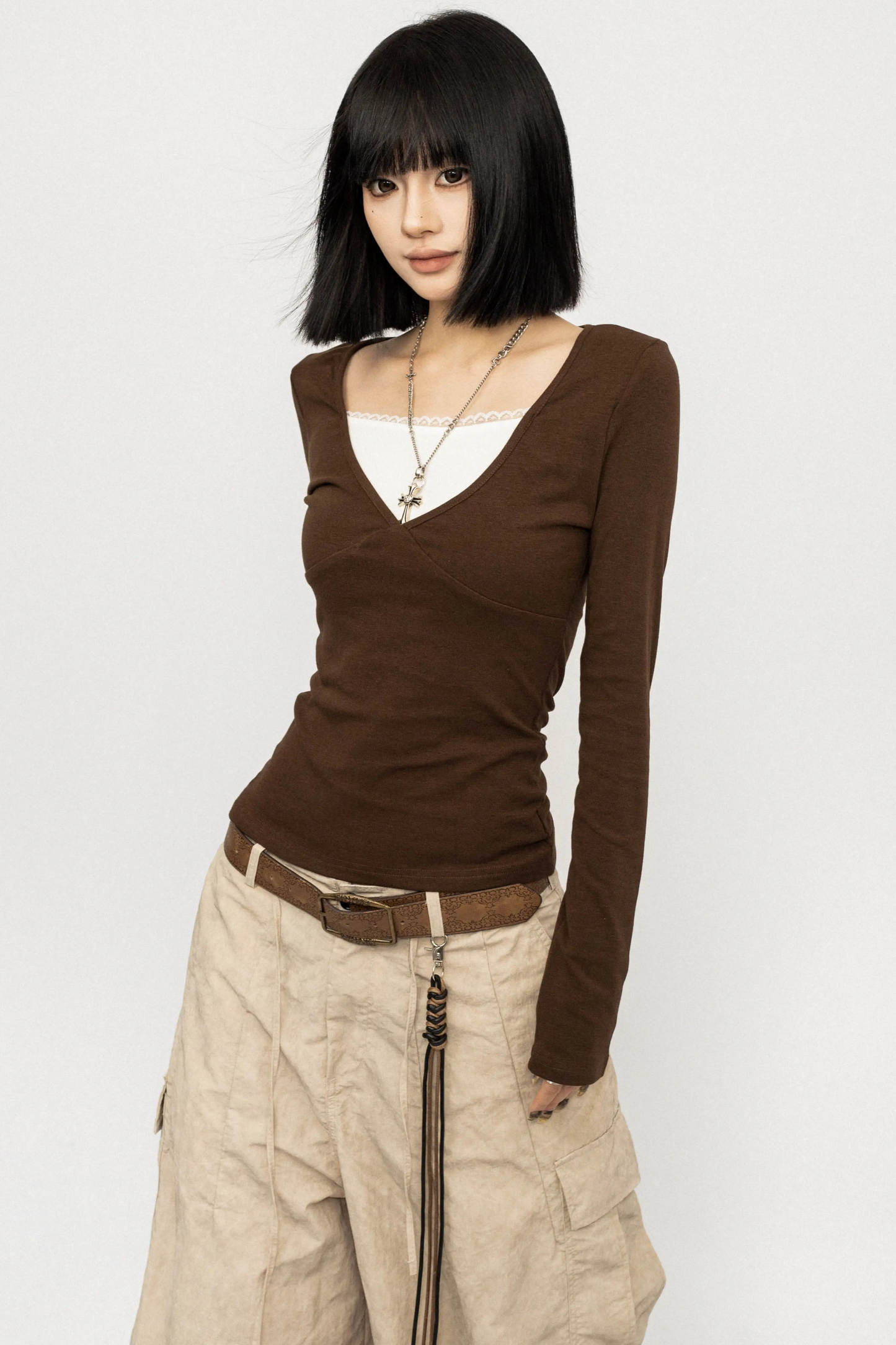 Retro Color-Block V-Neck Top