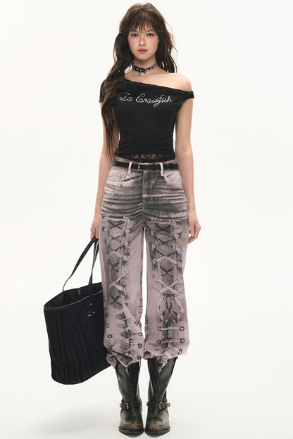 Digital Print Wide-Leg Jeans