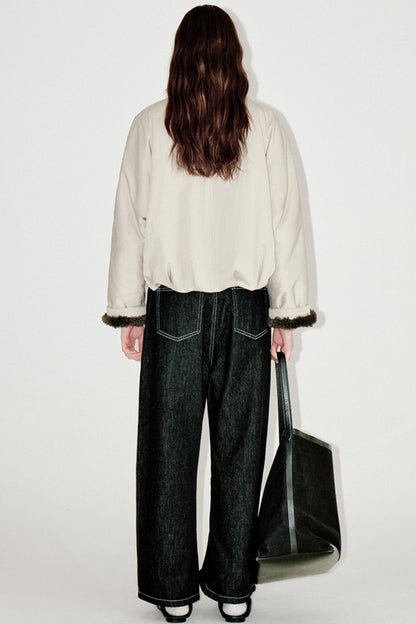 Beige Floral Fur Collar Jacket