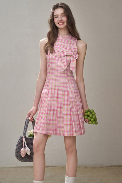 Bow Halterneck Plaid Dress