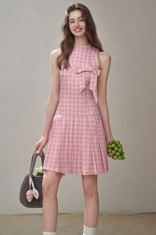 Bow Halterneck Plaid Dress