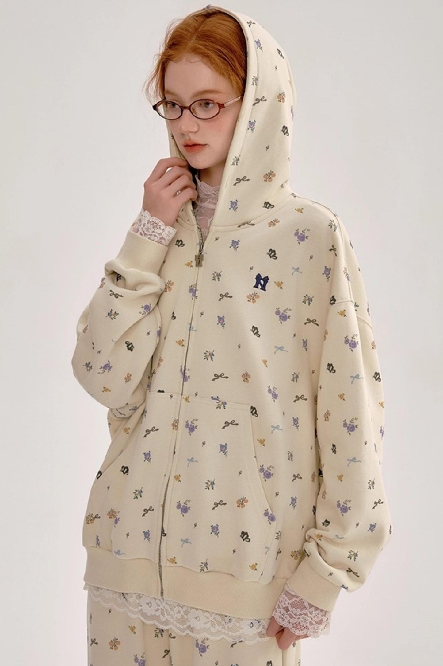 Floral Hooded Sweatshirt Cardigan Set-Up