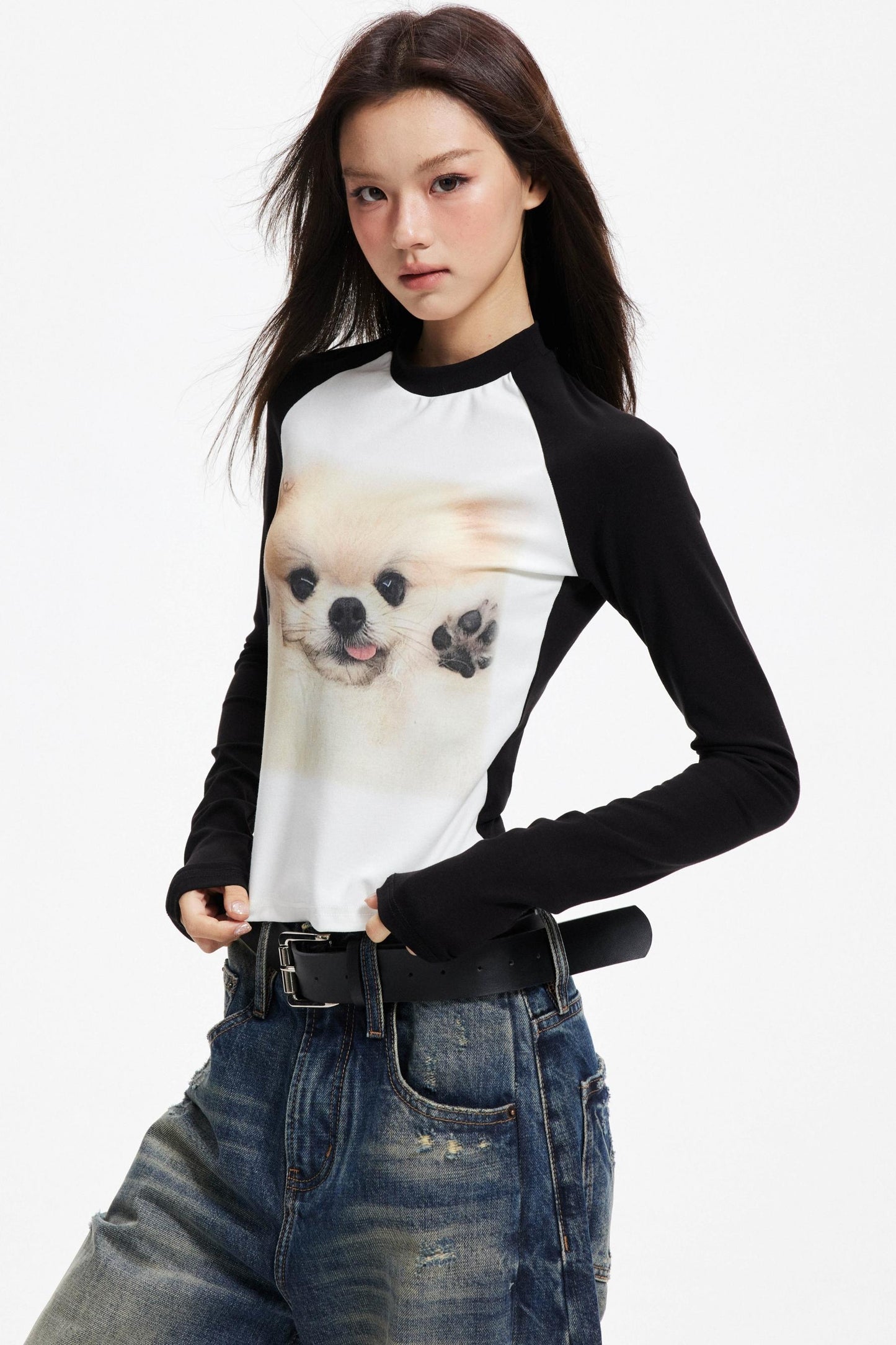 Puppy Print Raglan Slimming Knit Top