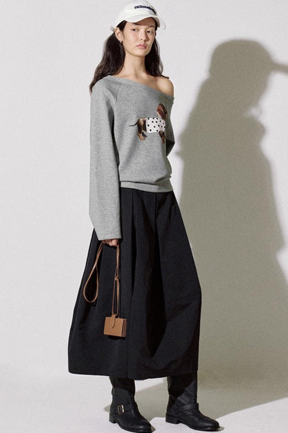 Puppy Print Slanted Shoulder T-shirt