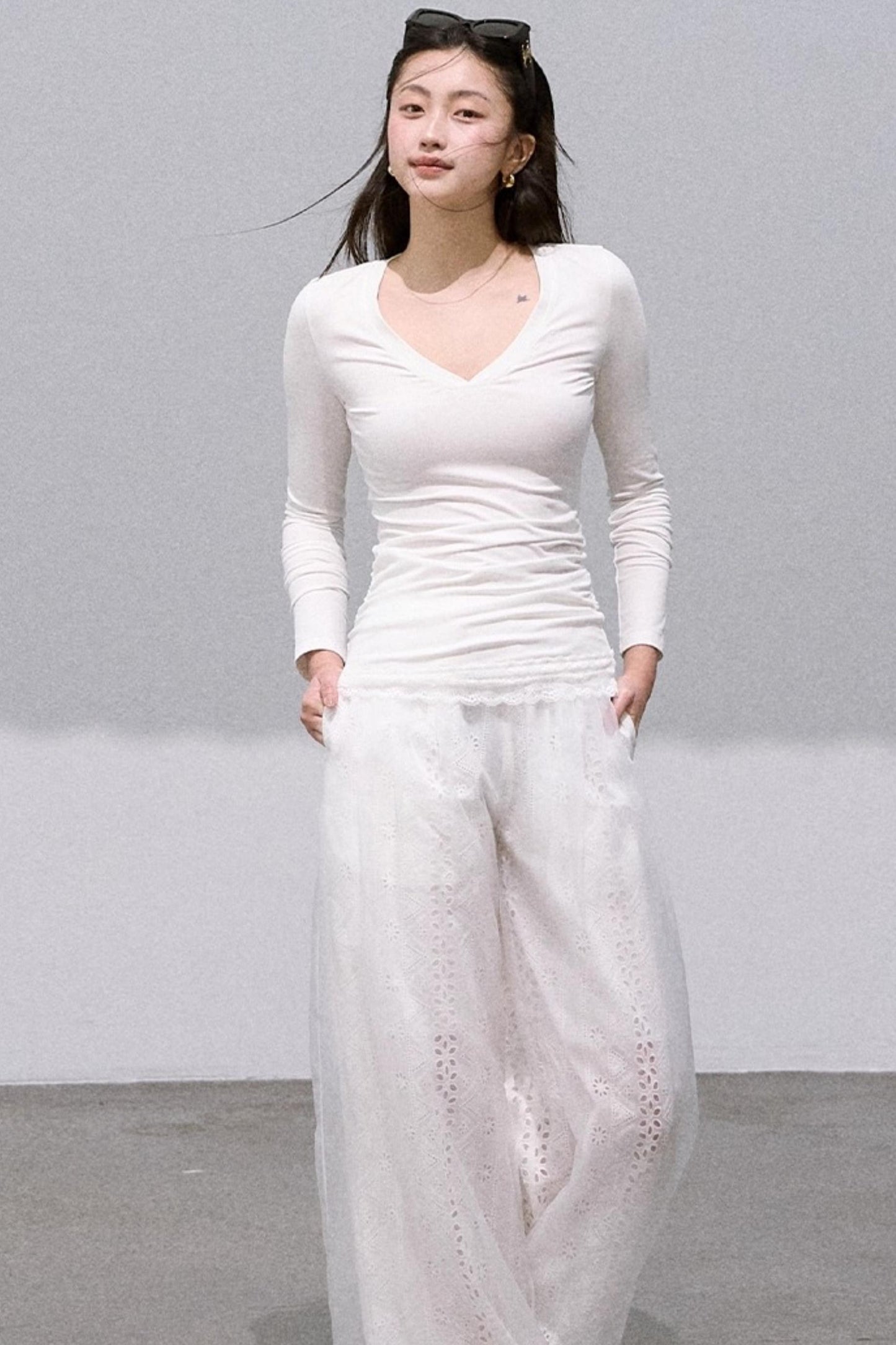 Shimmer Cotton High Waist Wide-Leg Pants