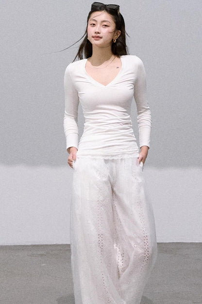 Shimmer Cotton High Waist Wide-Leg Pants