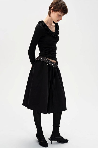 Drape Patchwork Polka Dot Waist Drawstring Skirt