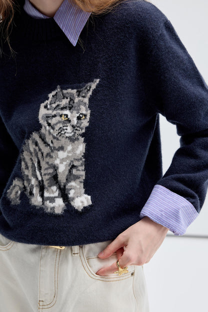 Jacquard Kitten Embroidered Crewneck Top