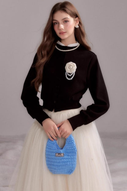 Button-Knit Crew Neck Cardigan