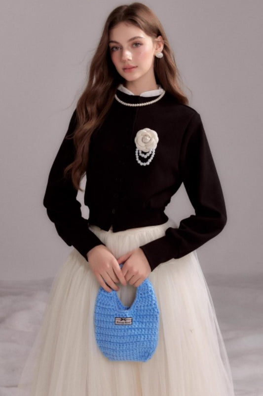 Button-Knit Crew Neck Cardigan