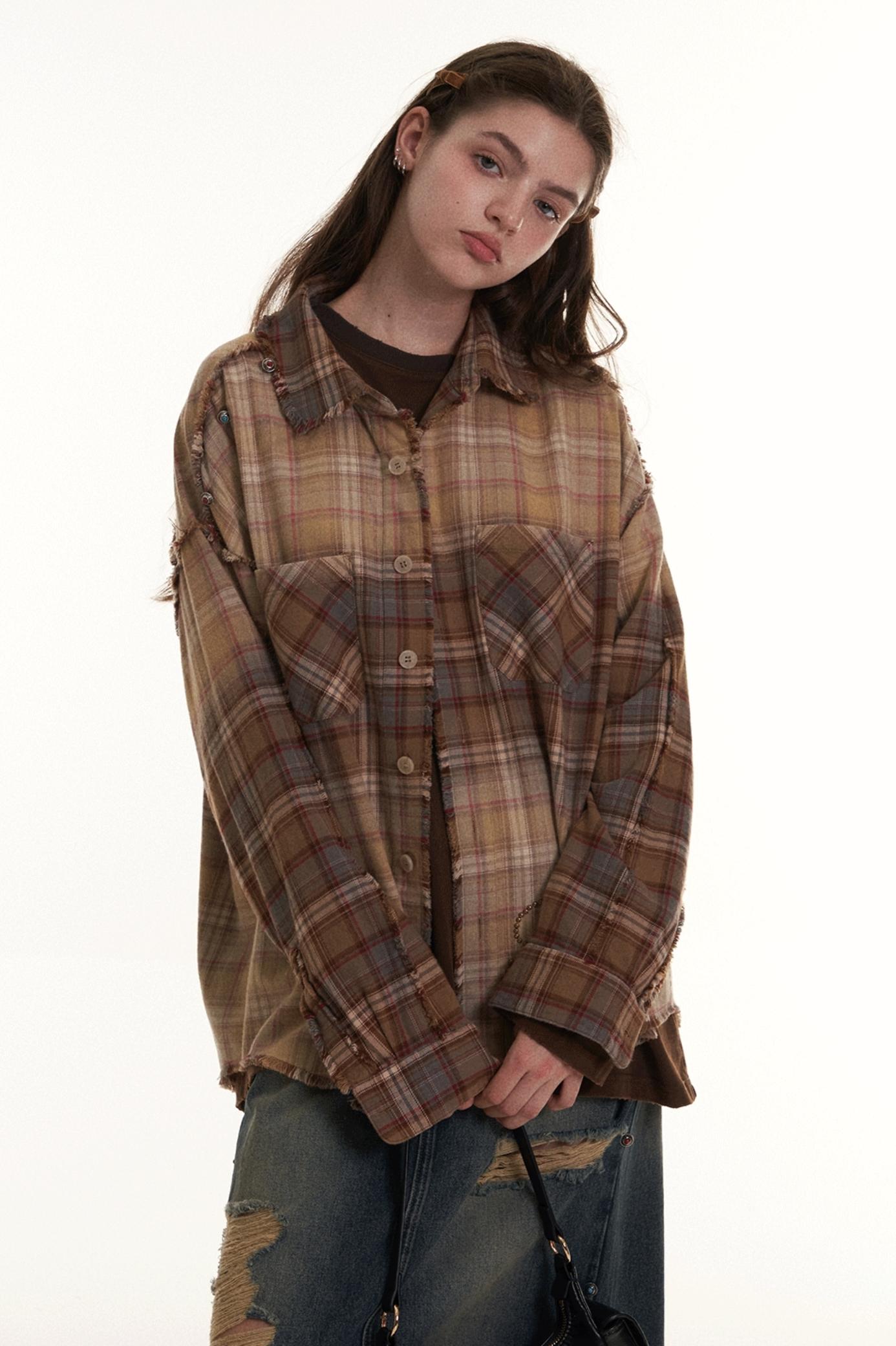 Spray Color Raw Edge Check Casual Shirt