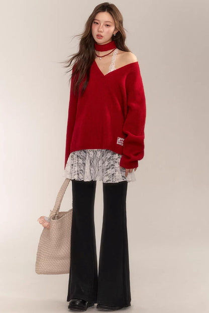 Asgony Red Retro Knit Sweater