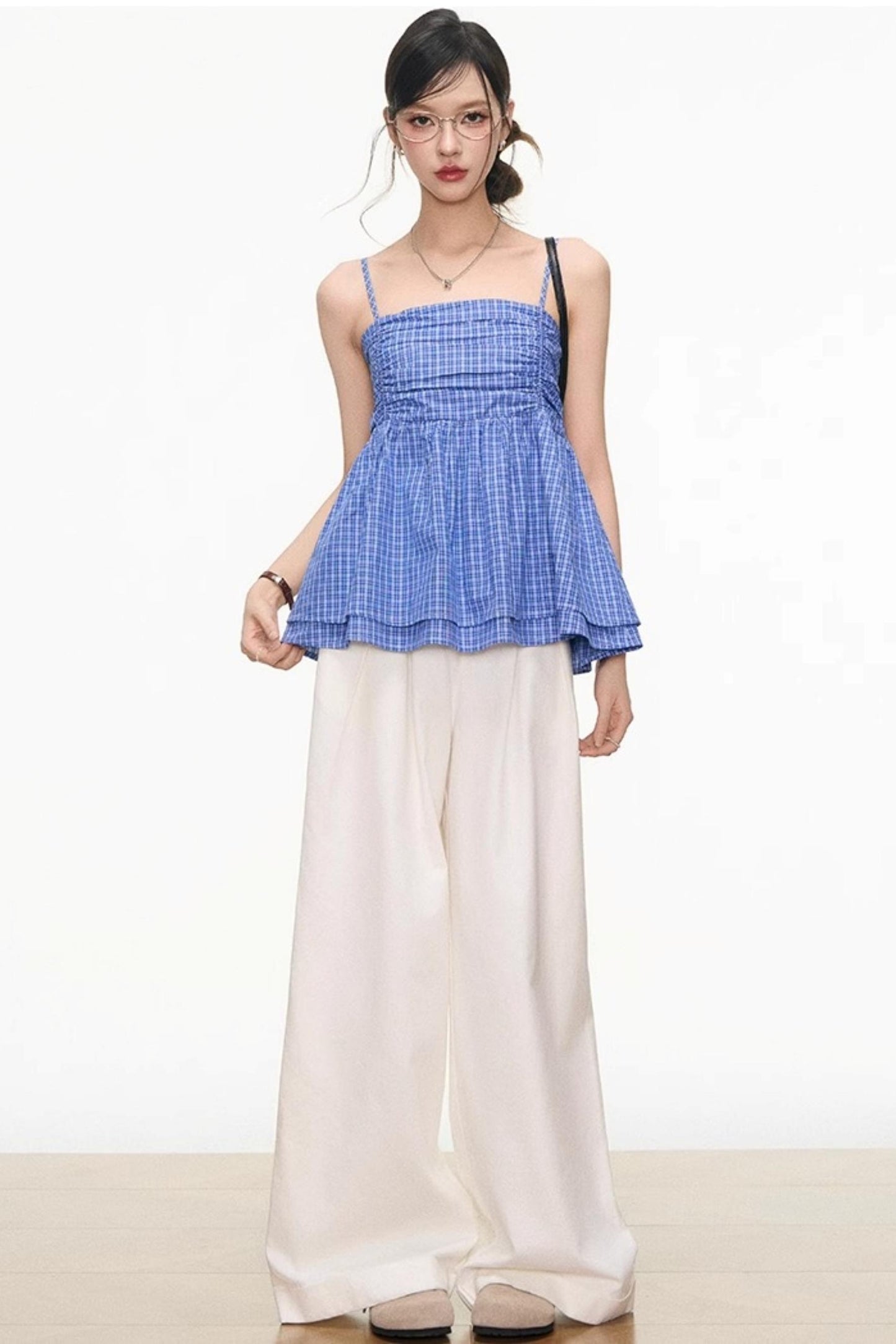 Plaid Strapless Top & White Pants Set-Up