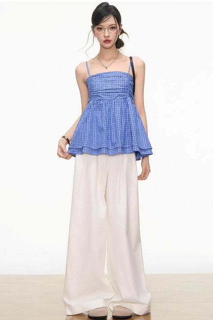 Plaid Strapless Top & White Pants Set-Up