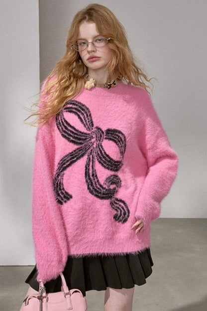 Striped Bow Faux Mink Sweater