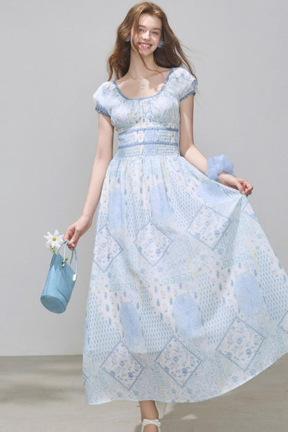 Puff Sleeves Waist Slim Long Dress