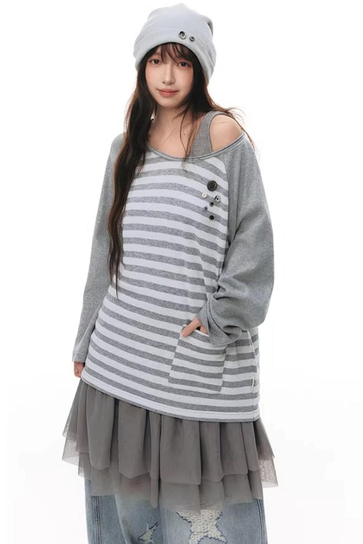 Button Striped Off-Shoulder Top