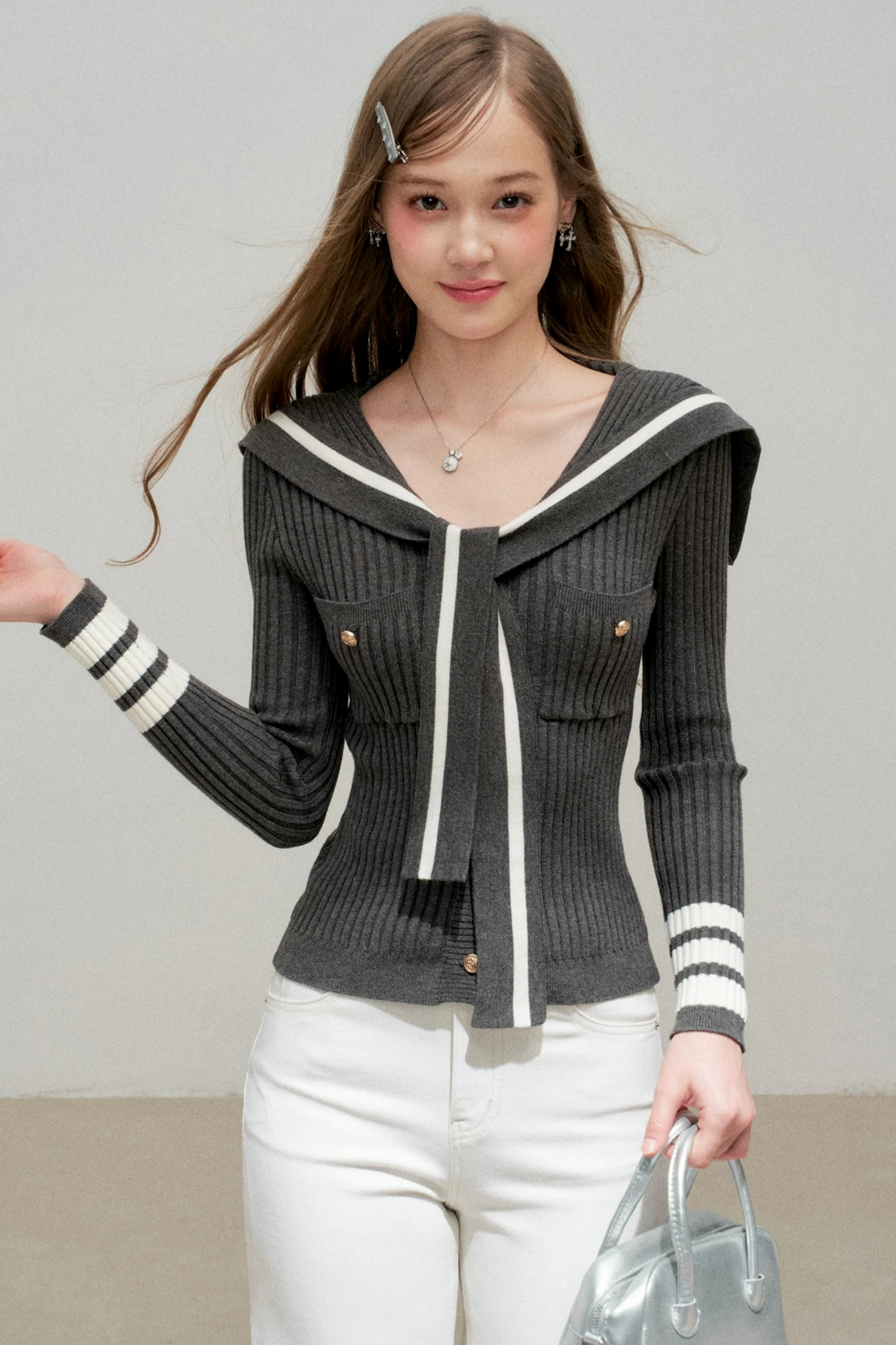 Navy Preppy Color Block Knit Top