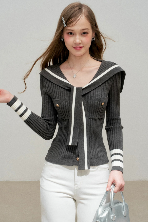 Navy Preppy Color Block Knit Top