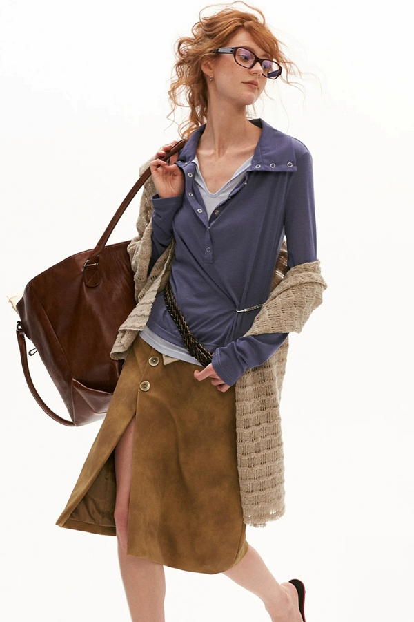 Layered-Look Button Polo Long Sleeve Top