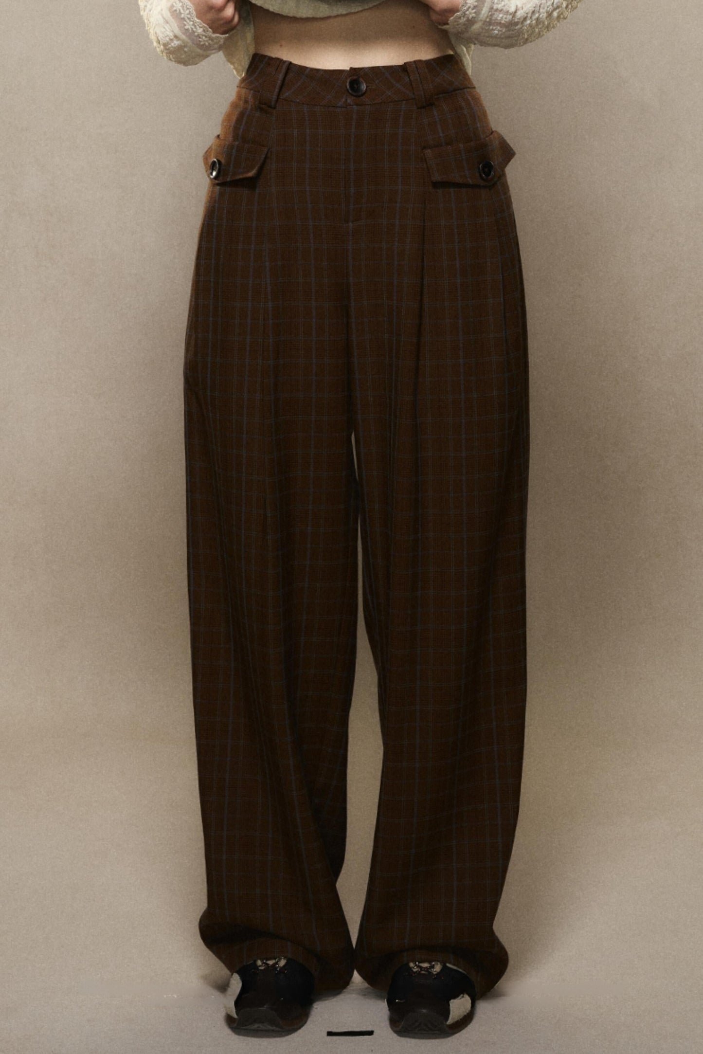 Maillard Plaid Straight Wide-Leg Pants