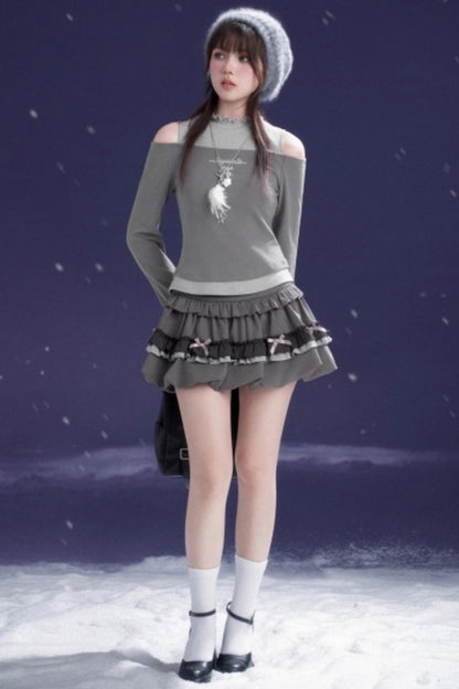 Gray-Purple Bowknot Off-Shoulder Top