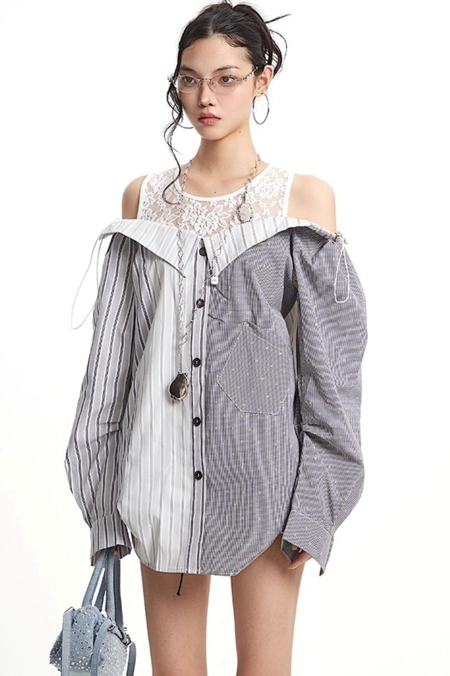 Patchwork Lace Striped Shirt