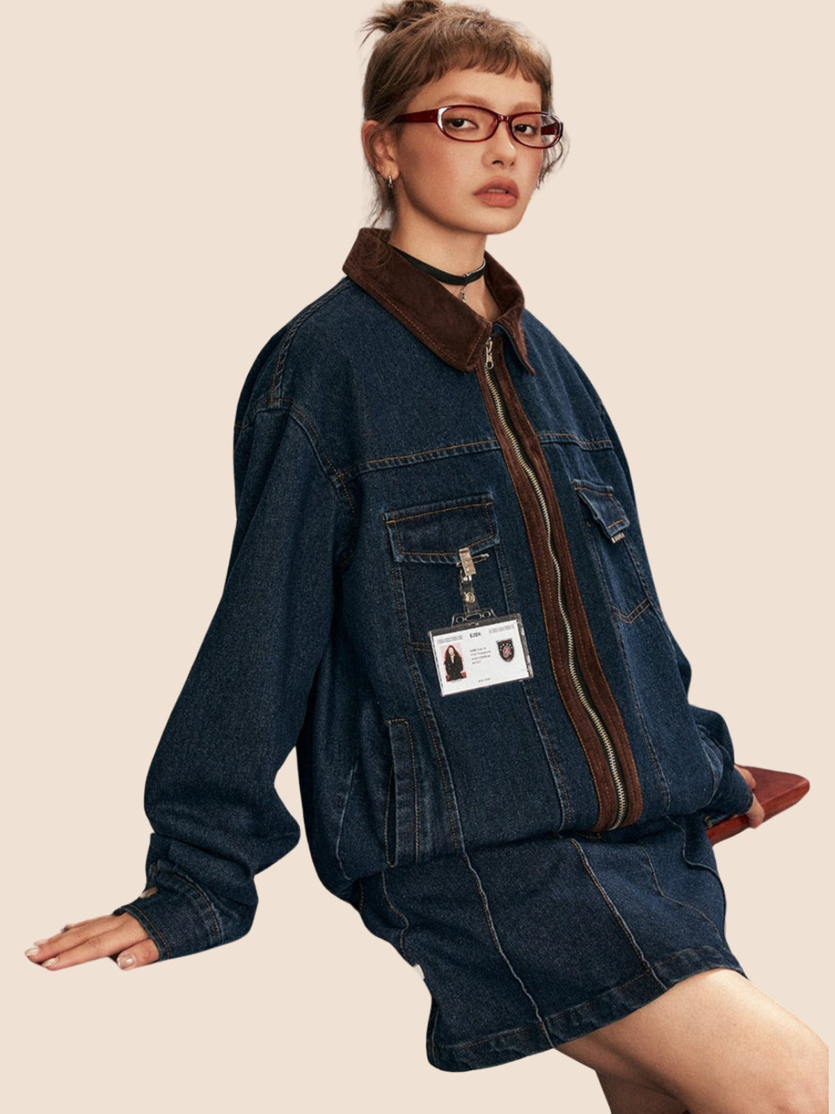 EZEK Amerikanische Retro-Mode Marke Patchwork Denim Jacke Jacke Vintage Rock zweiteiligen Rock Anzug trendy