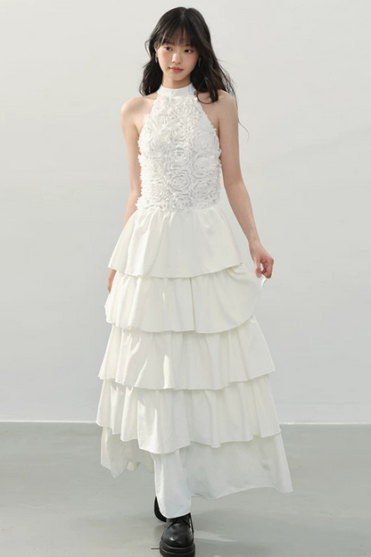 White Halter Floral Dress