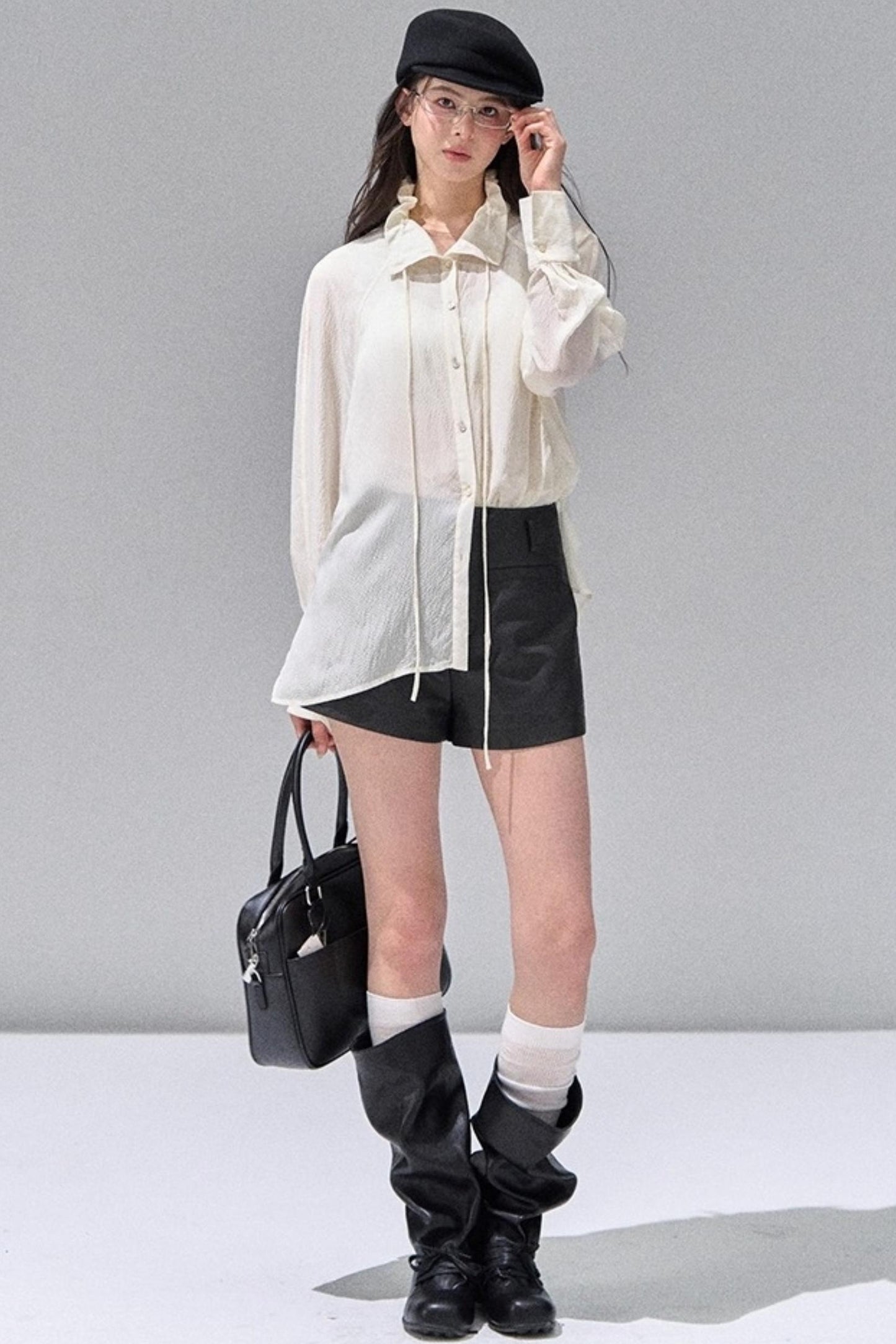 Fungus Edge Collar Drawstring Lace-up Shirt