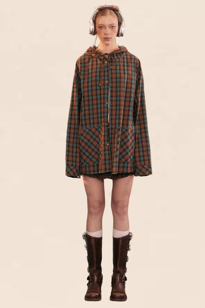 Plaid Contrast Hooded Long Sleeve Shirt