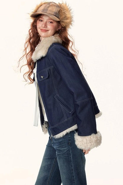 Denim Plush Lapel Jacket