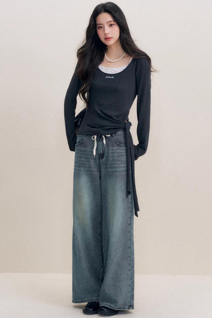 Lazy Contrast Drawstring Wide Leg Jeans