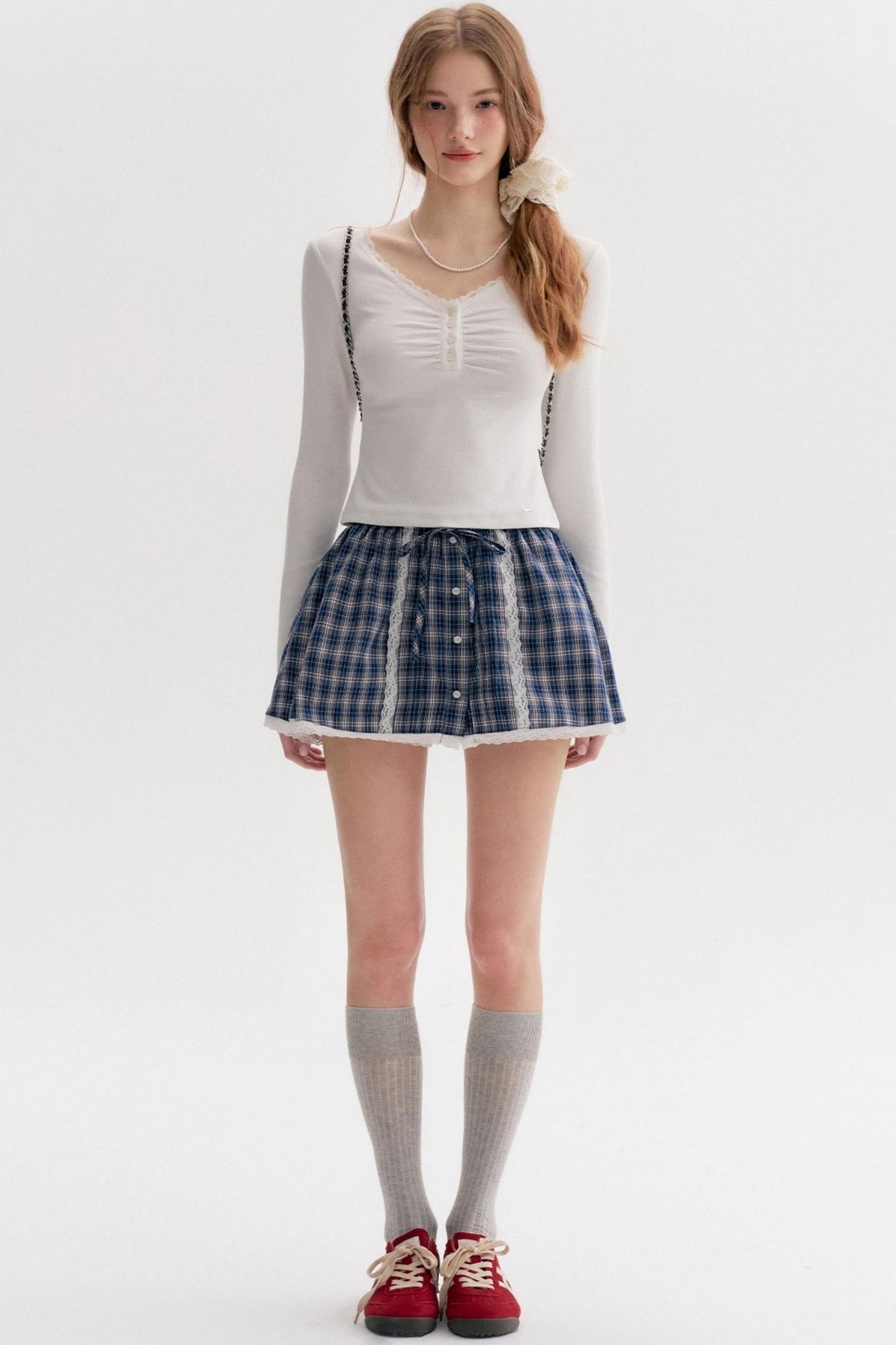 Lace Stitching Check Short Skirt