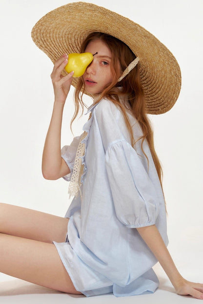 Blue Ocean Linen Cotton V-Neck Stitched Shorts Set-Up