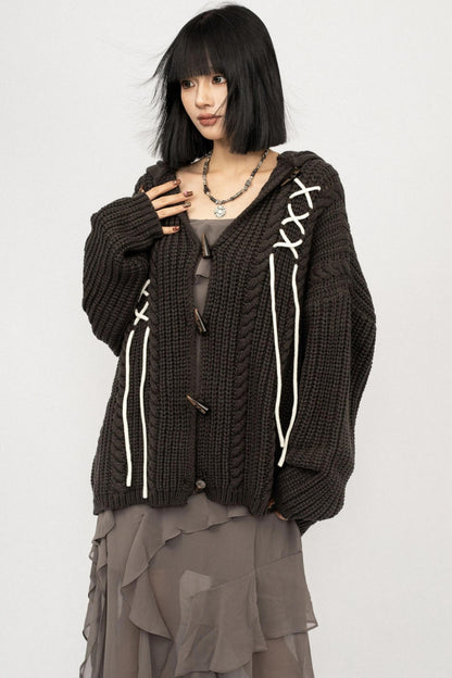 American Retro Knitted Hooded Cardigan