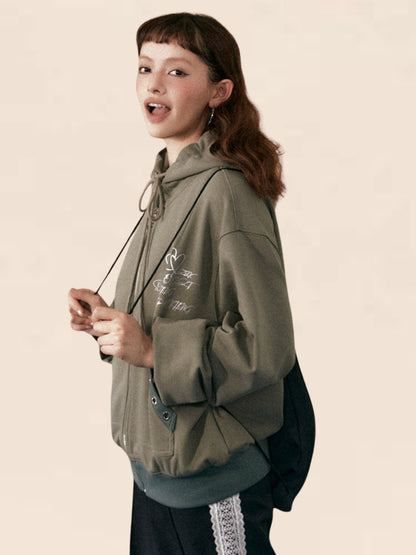 ArmyGreen Hooded Loose-Waist Jacket