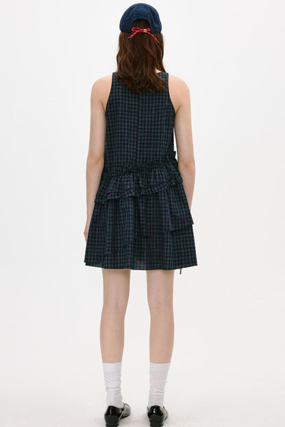 Irregular Plaid Ruffled Vest Dress