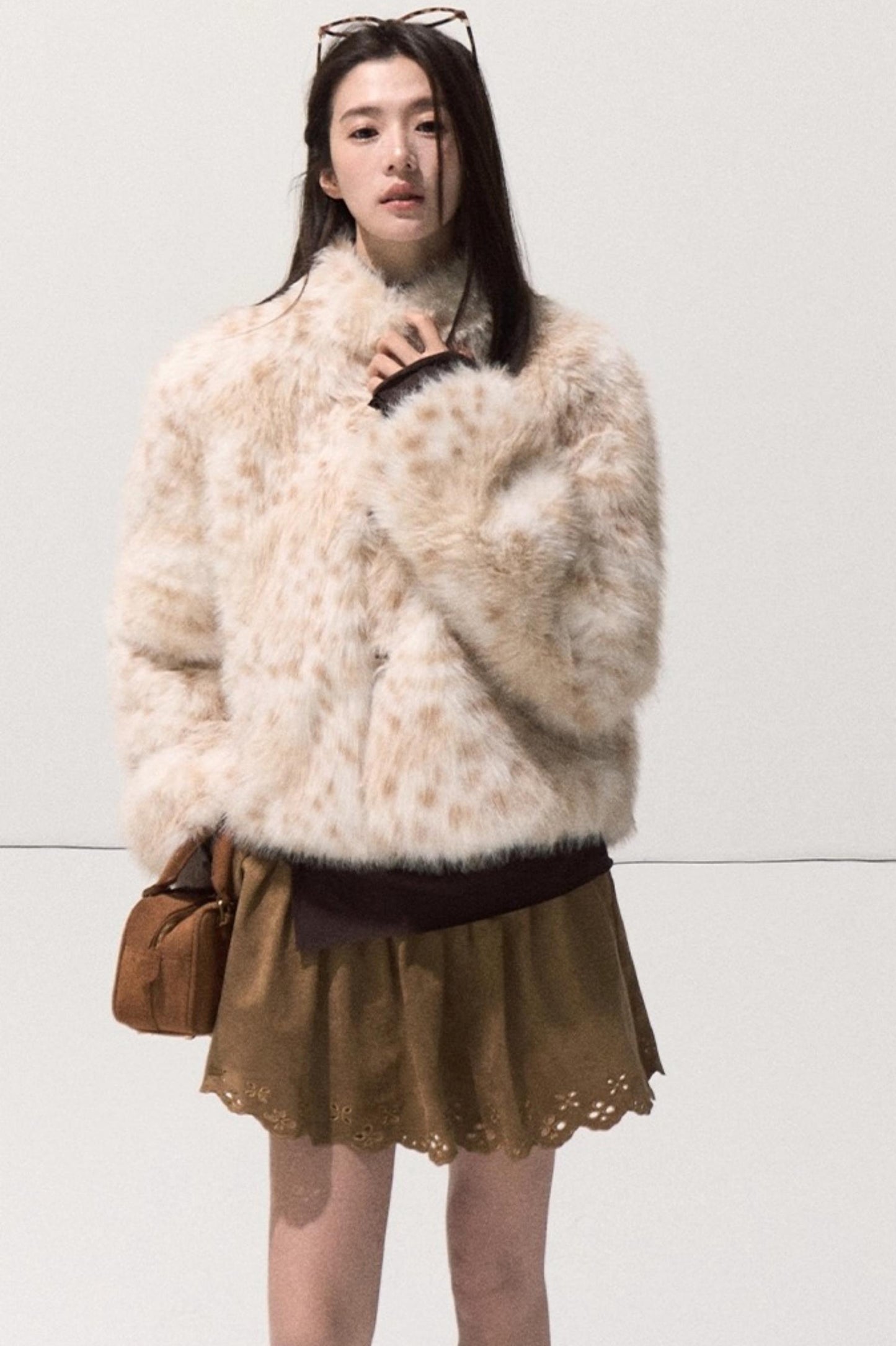 Girlish Leopard Print Fur Coat Set-Up
