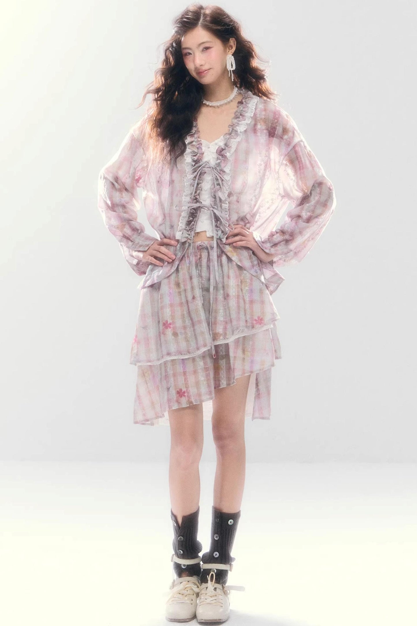 Lace-Tie Cotton Cardigan Matching Set