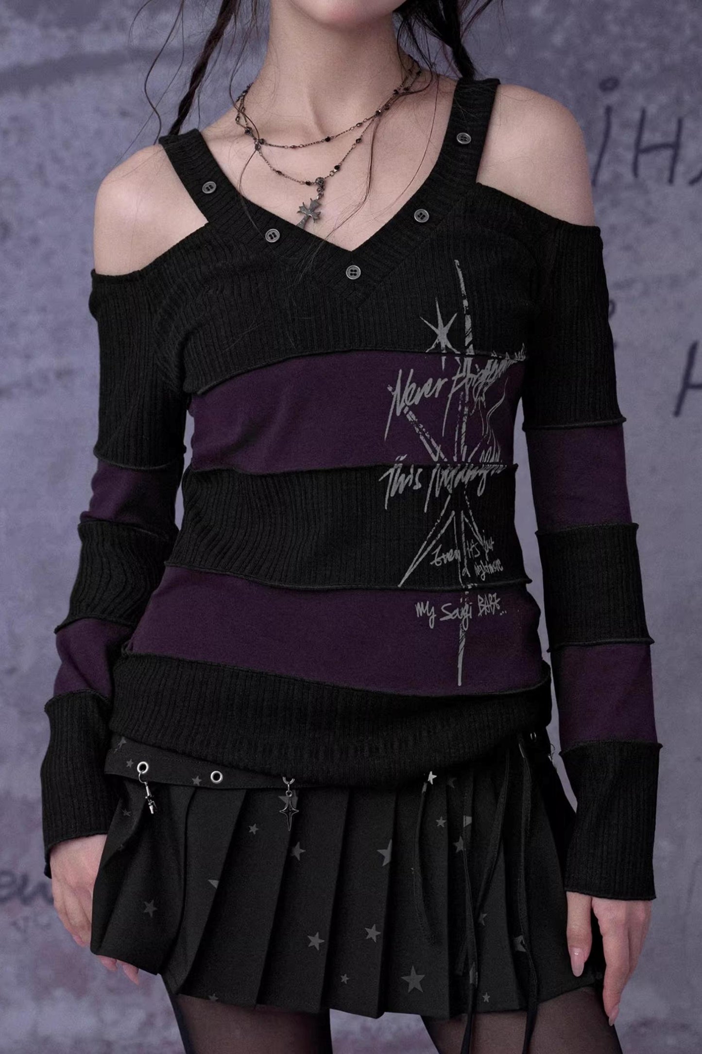 Black and Purple Off-Shoulder Knit Top