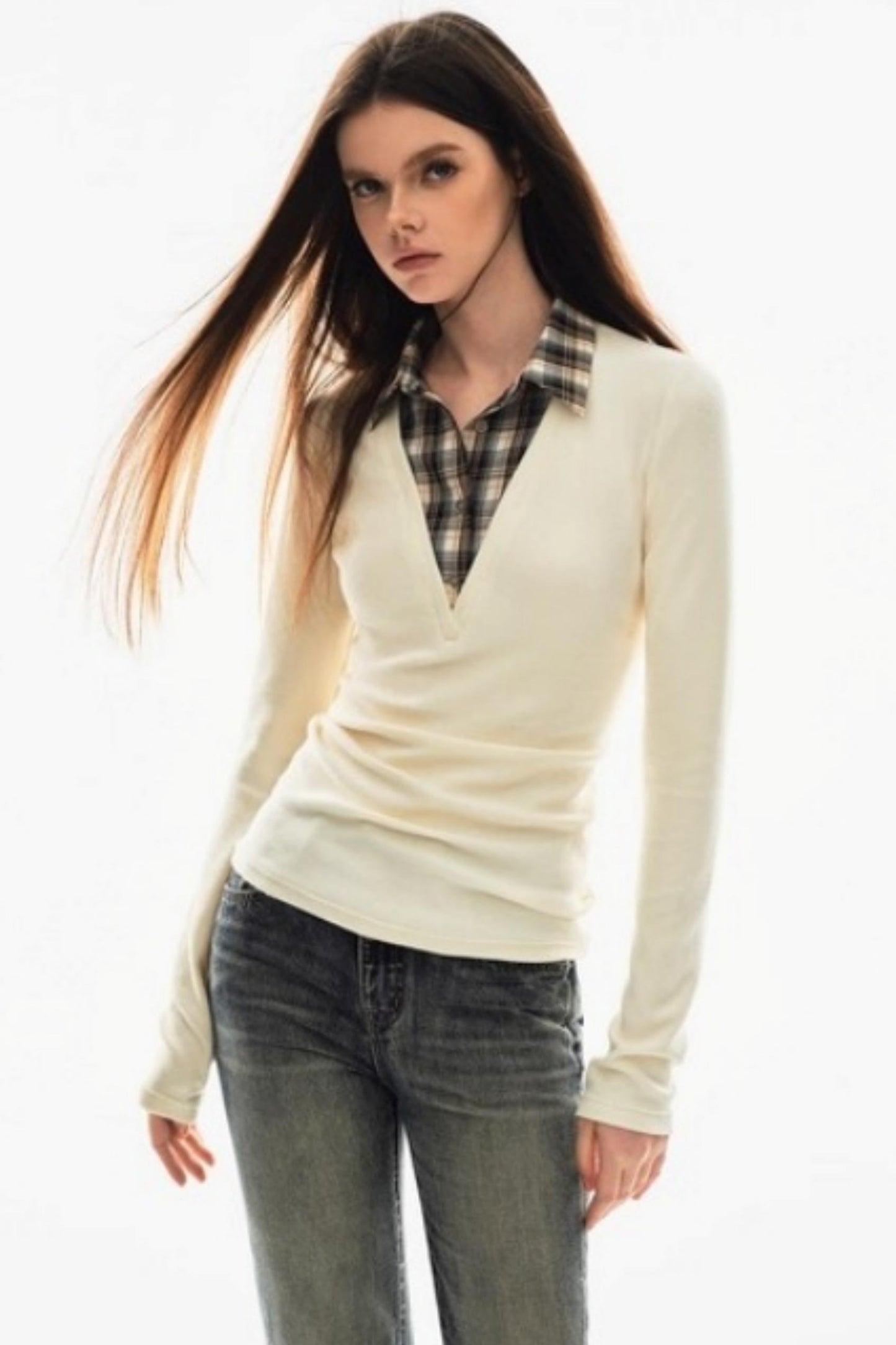 Plaid V-Neck Knit Sweater